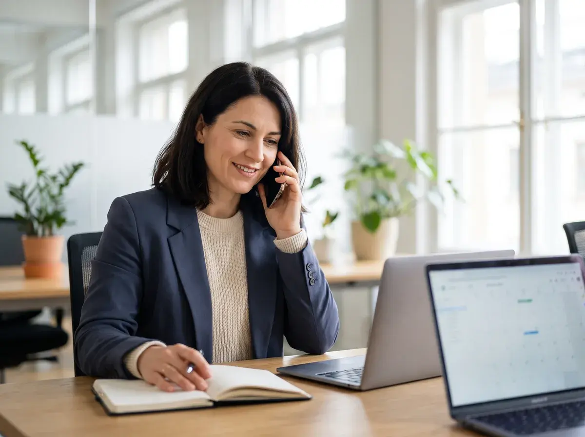 Uma mulher à secretária atende uma chamada de treino no telemóvel, com a agenda aberta no portátil