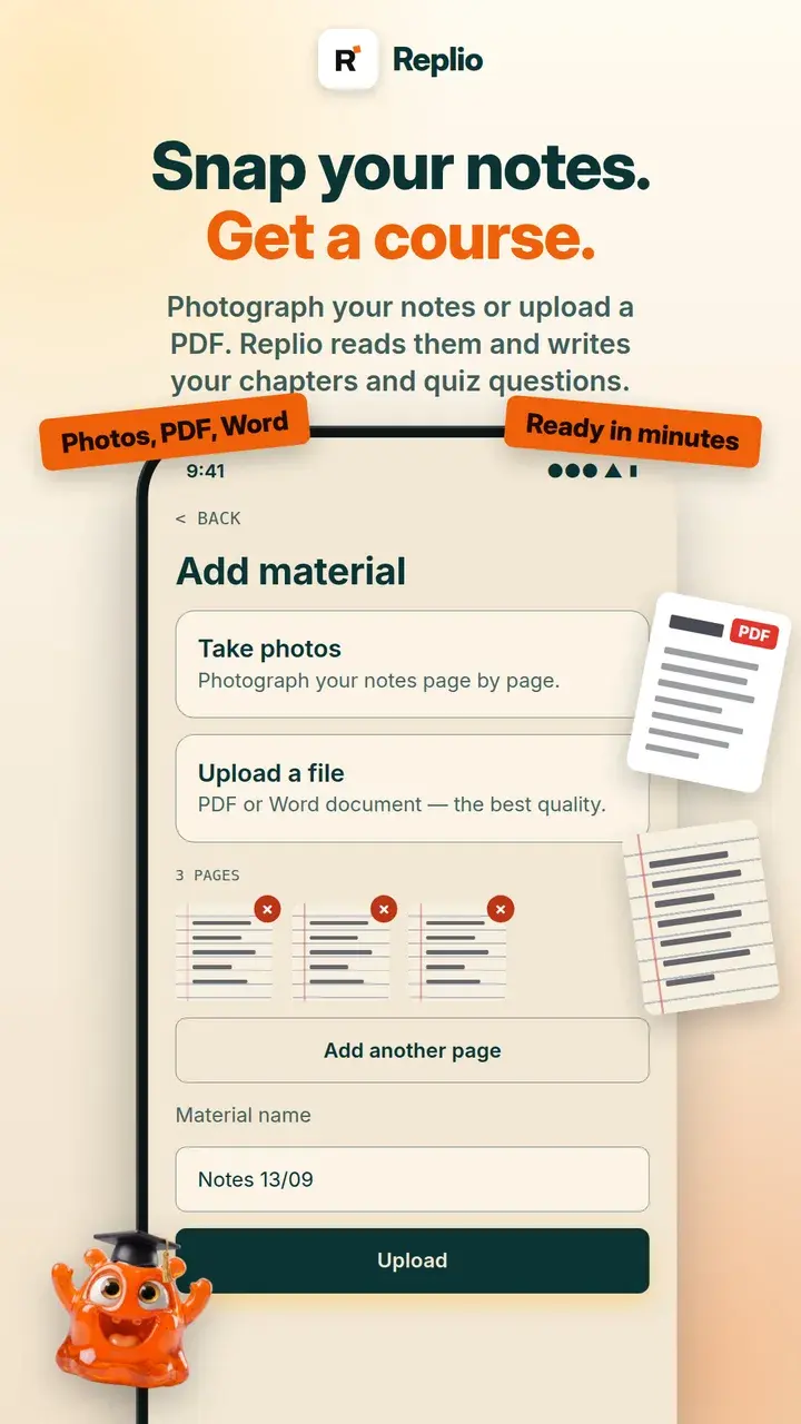 Ekran dodawania materiałów: sfotografowane strony notatek i opcja przesłania pliku PDF