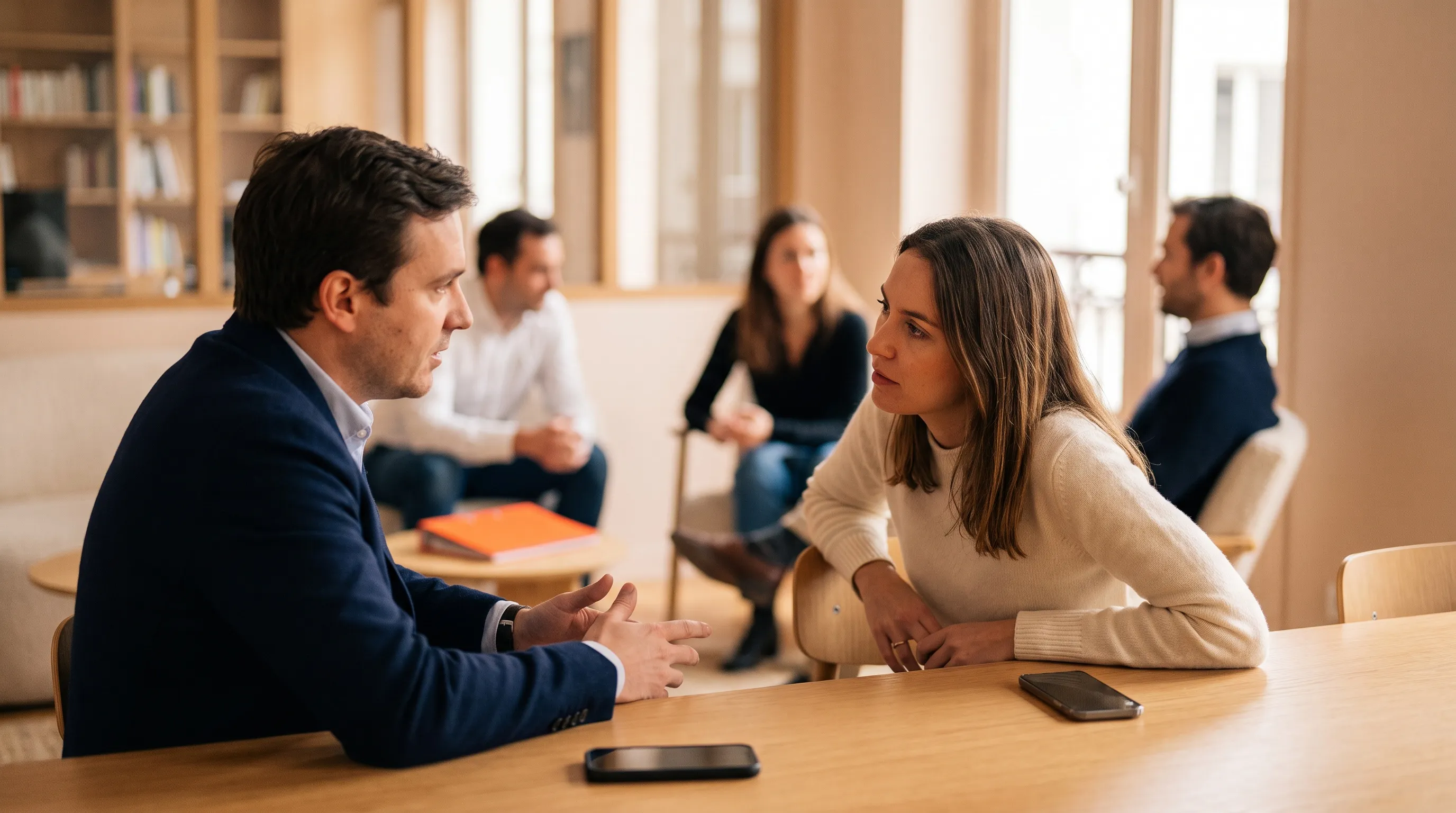 Two colleagues at a table, one speaking while the other listens with full attention