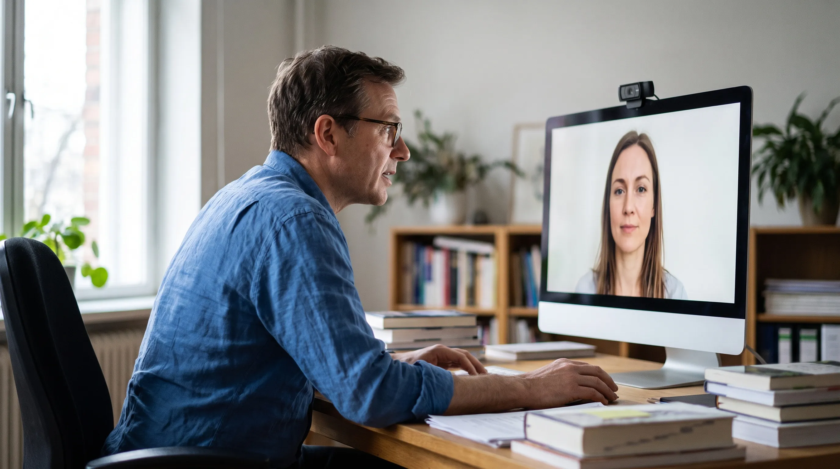 A man in his forties at an office desk talks to a large monitor showing a video call with a calm woman who is listening.