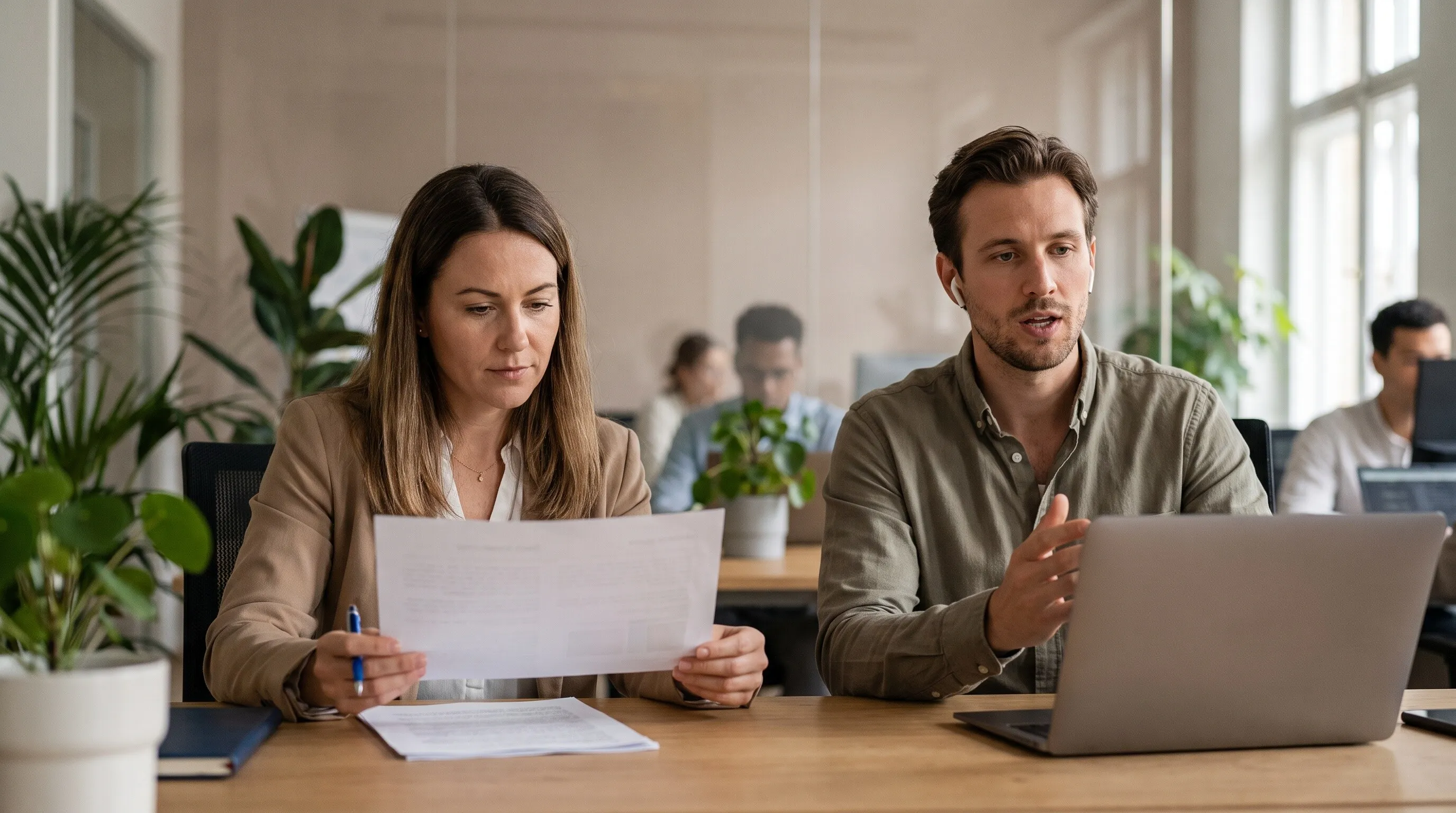 A data protection officer reviews a document while a colleague practices a conversation out loud at a laptop