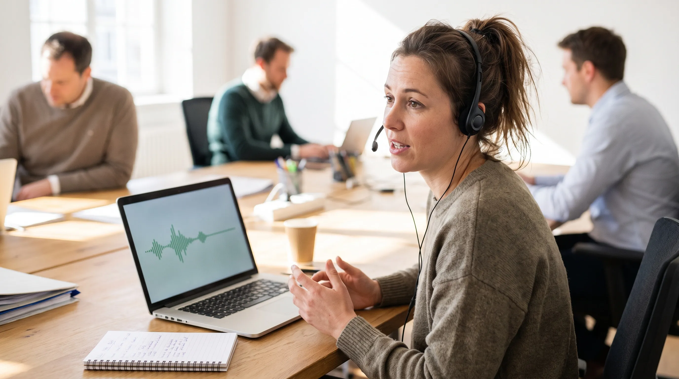 Een verkoopster van in de dertig met een headset oefent hardop een verkoopgesprek aan een bureau in een open kantoor, met een notitieblok naast haar laptop.