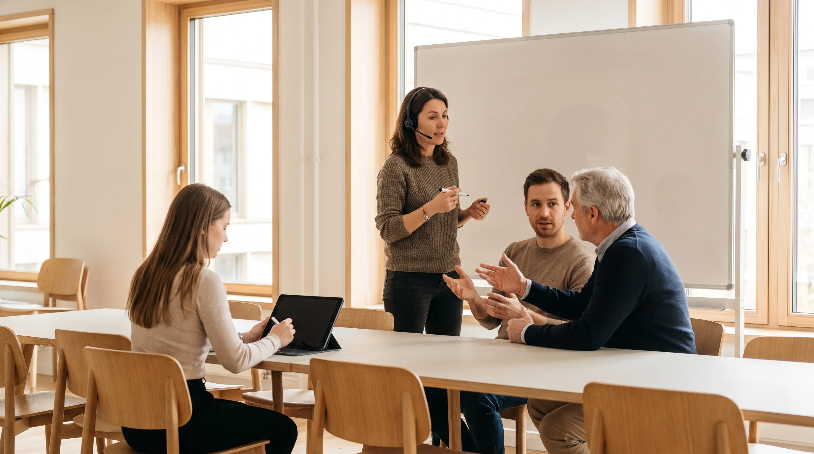 Four colleagues in a bright office: one stands at a whiteboard with a headset, speaking, while two practice a conversation out loud at a table and a third takes notes on a tablet.