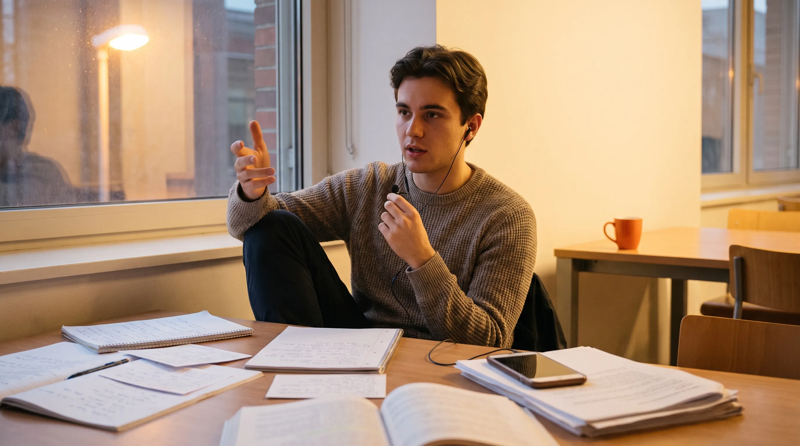 Un étudiant s’entraîne à répondre à voix haute à un bureau couvert de notes et de fiches