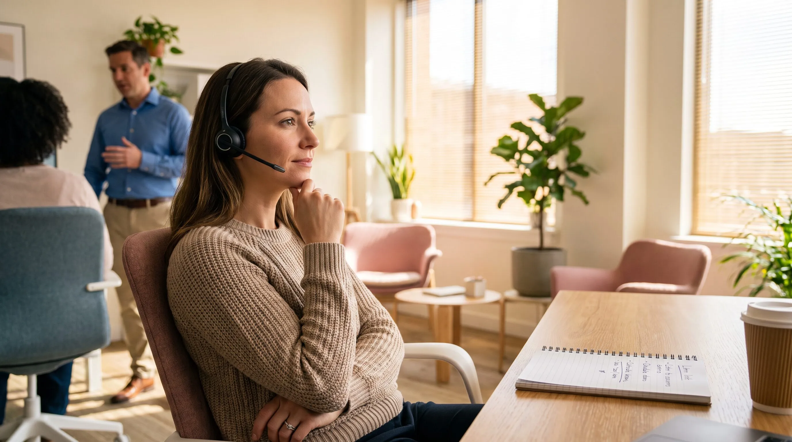 A sales rep wearing a headset listens carefully to a customer on a call, a notepad on the desk