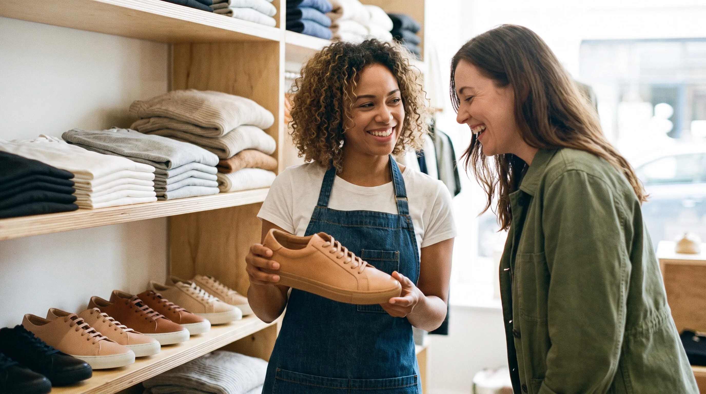A store associate shows a leather sneaker to a smiling customer in a clothing store