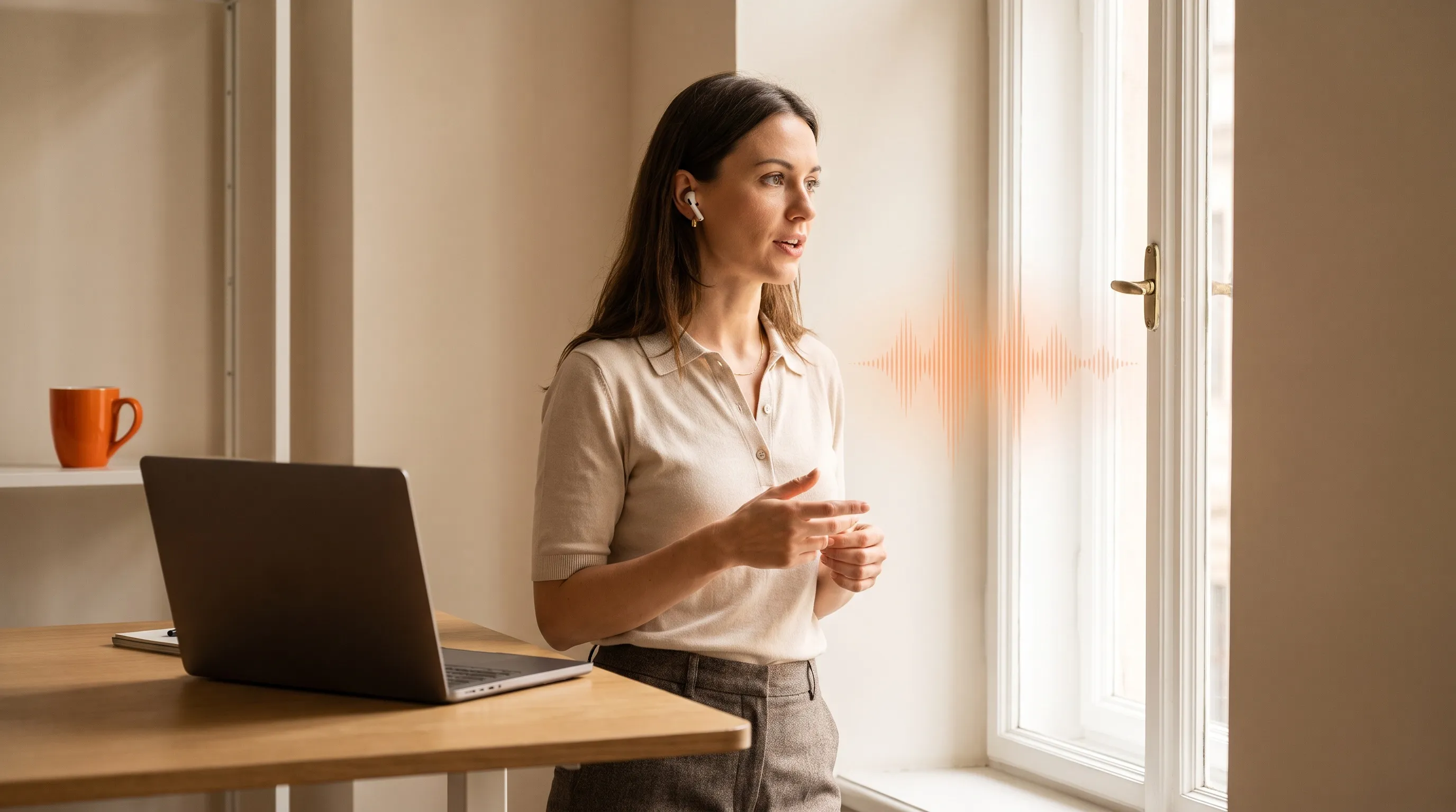 Une professionnelle avec des écouteurs s’entraîne à voix haute à une conversation près d’un ordinateur portable